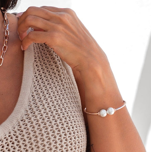 Rose Gold Plated with Pearl Ends Bangle