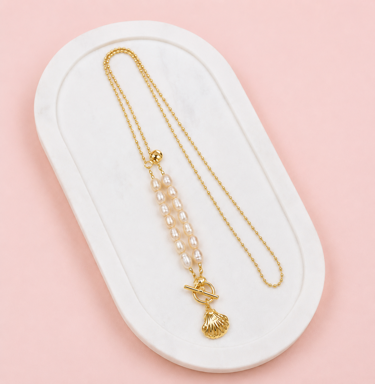 Yellow Gold & Fresh Water Pearl Shell Pendant Necklace