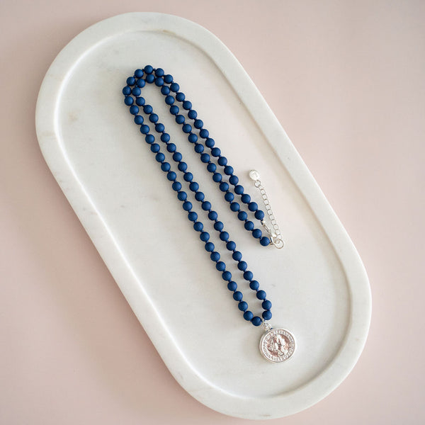 Silver Coin on Navy Blue Resin Chain