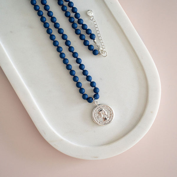 Silver Coin on Navy Blue Resin Chain