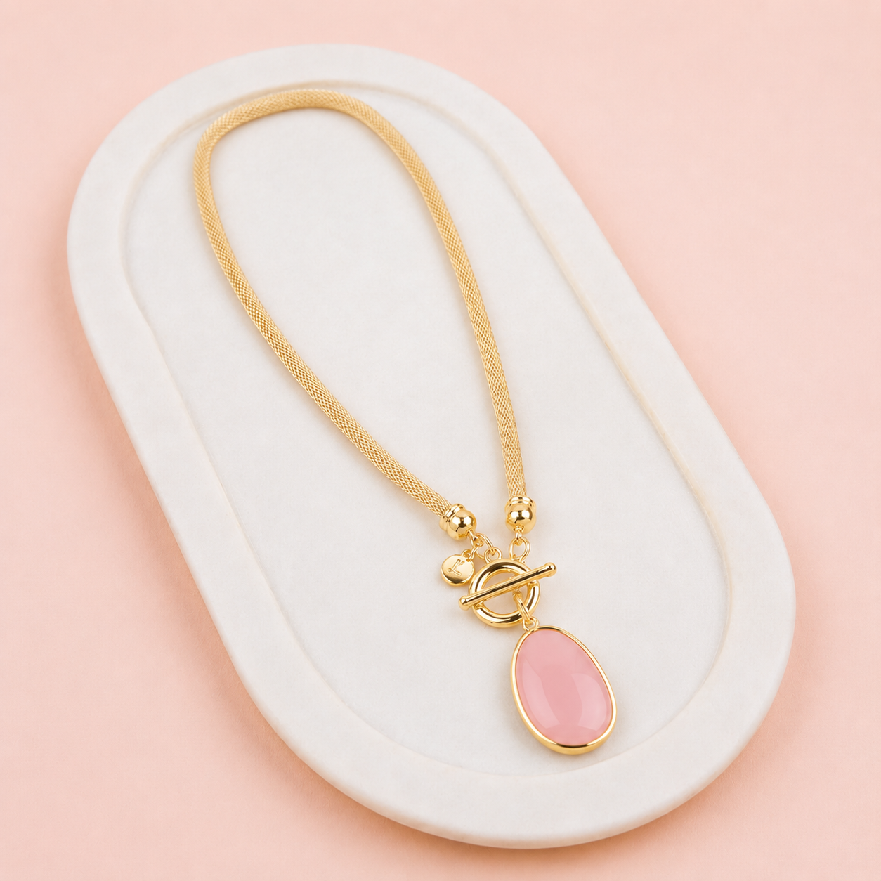 SHORT | Yellow Gold Mess Chain with Pink Quartz Necklace