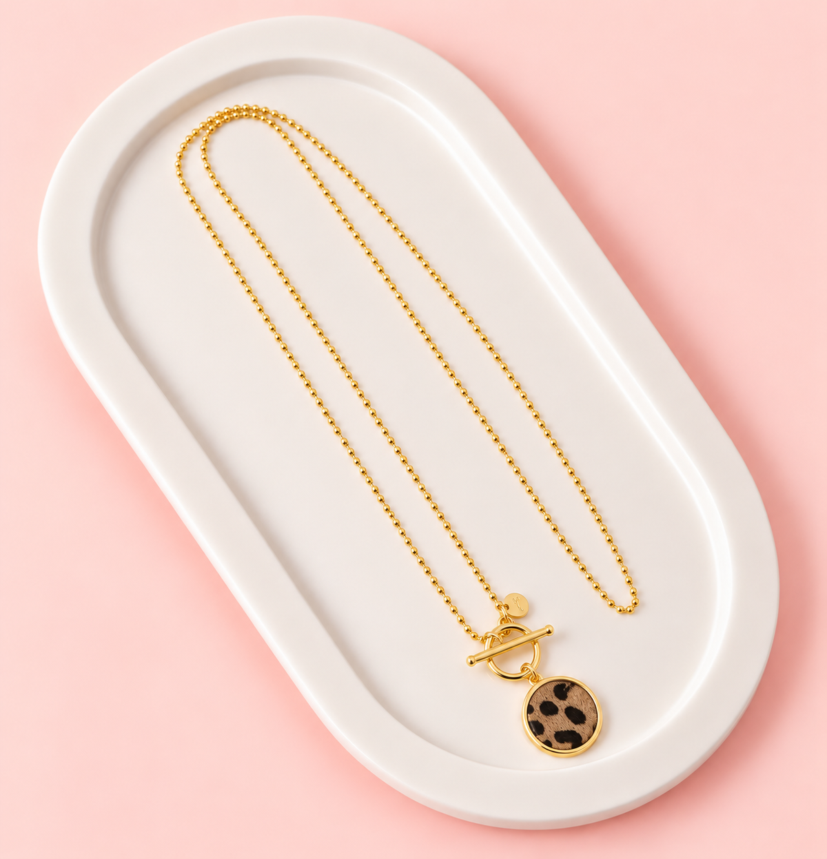 Light Gold Brown Leppord Print Disc Necklace