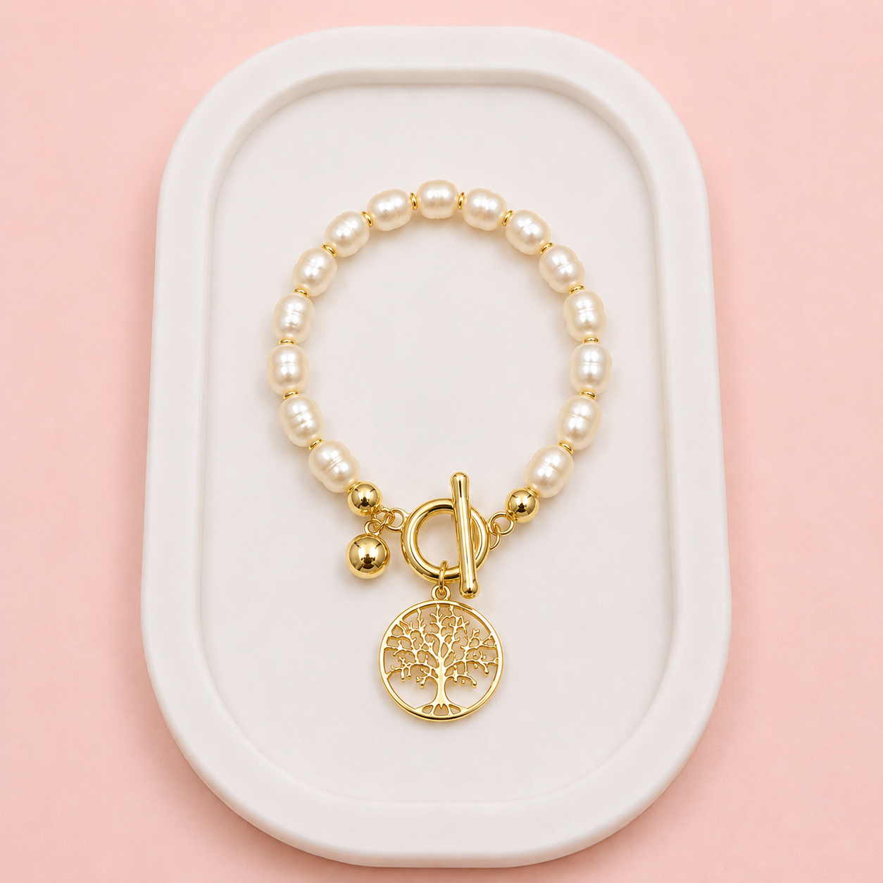 Yellow Gold Tree Fresh Water Pearl Bracelet