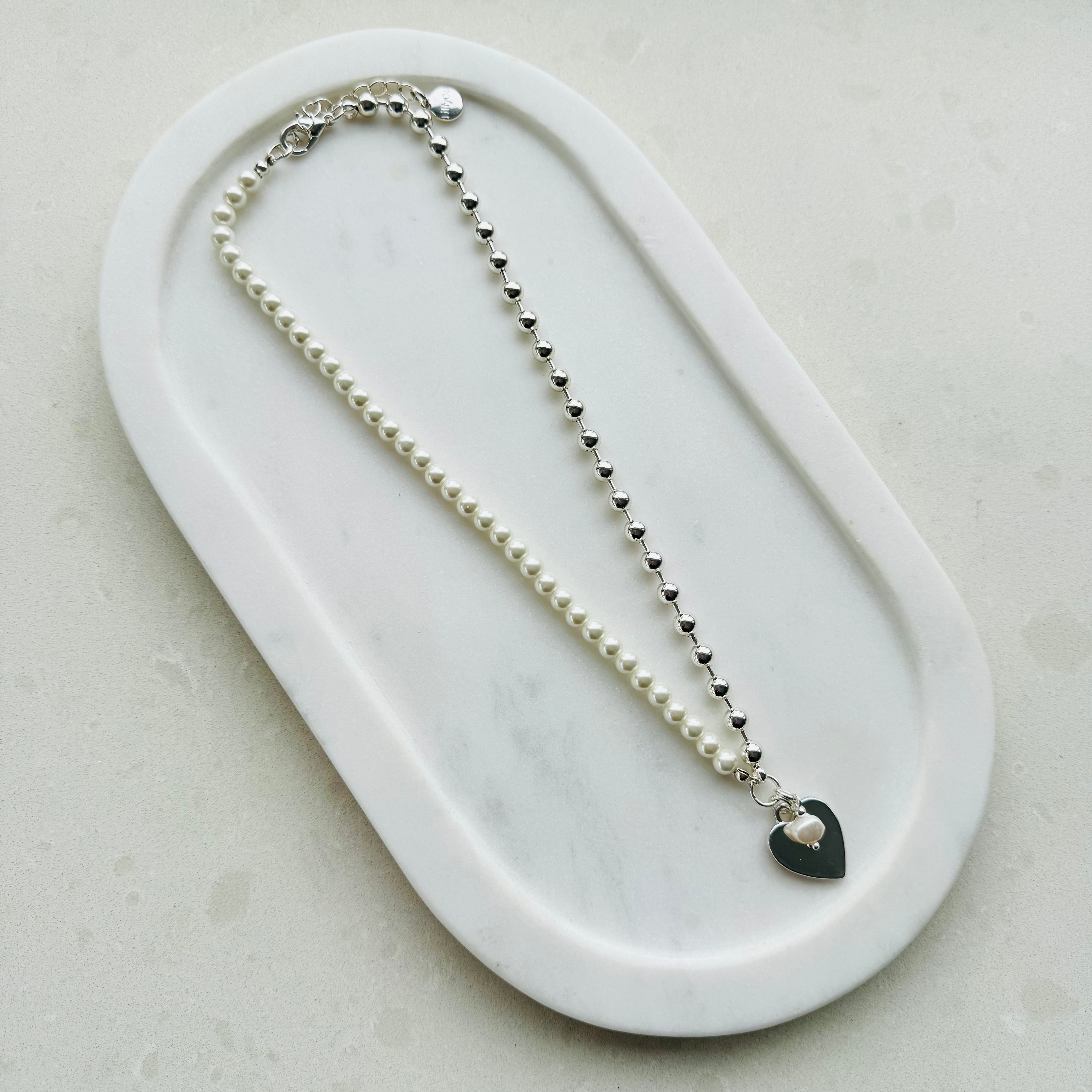 SHORT | Half Pearl & Silver Heart Necklace