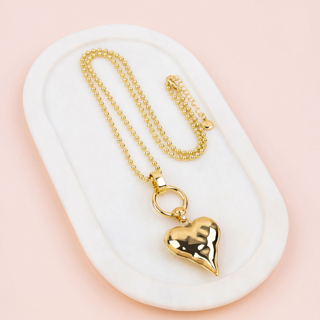 Yellow Gold Ball Chain with Heart Necklace