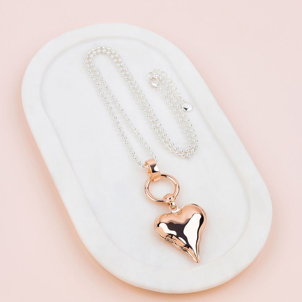 Silver Ball Chain with Rose Gold Heart Necklace