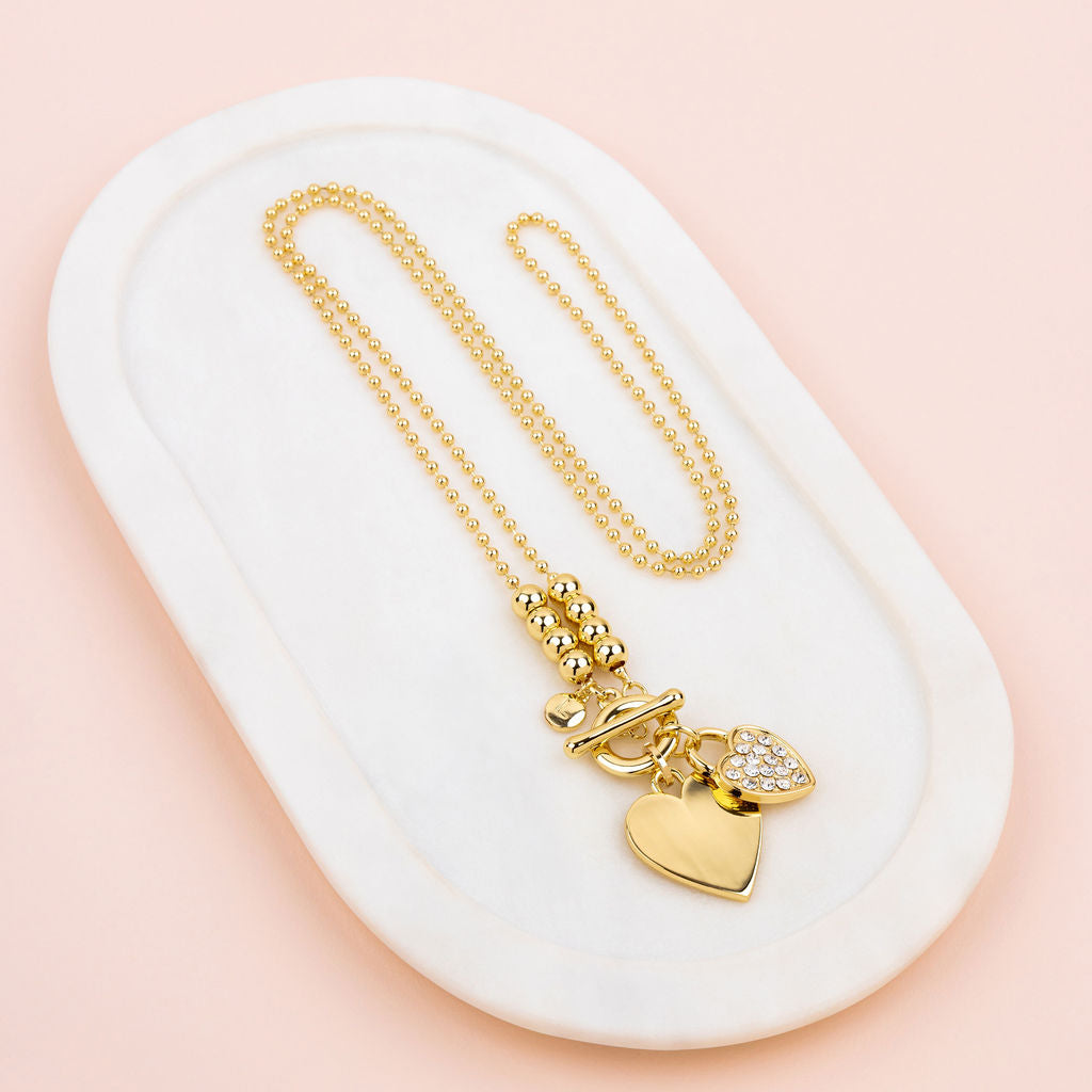Yellow Gold Double Heart & Bling Long Necklace