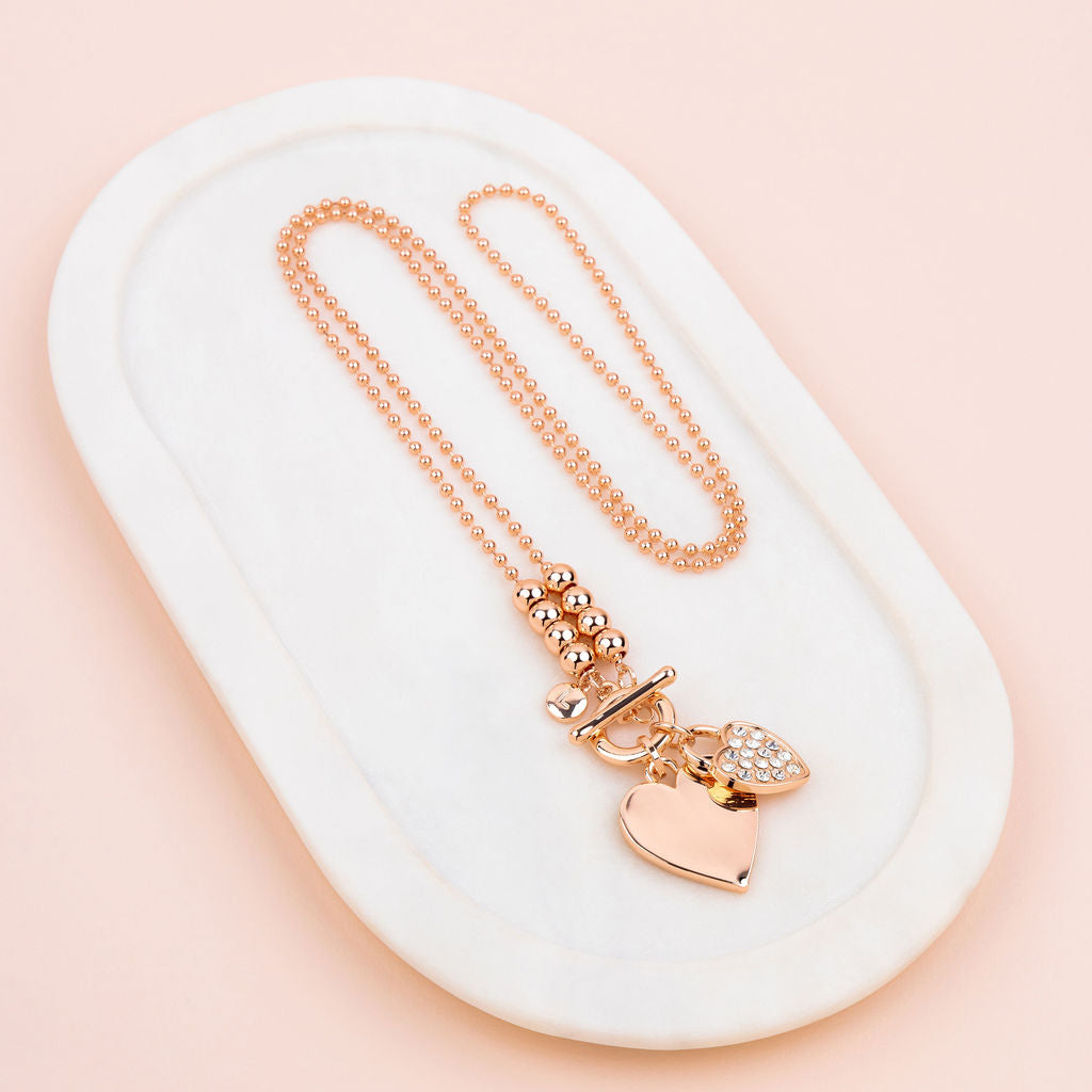 Rose Gold Double Heart & Bling Long Necklace