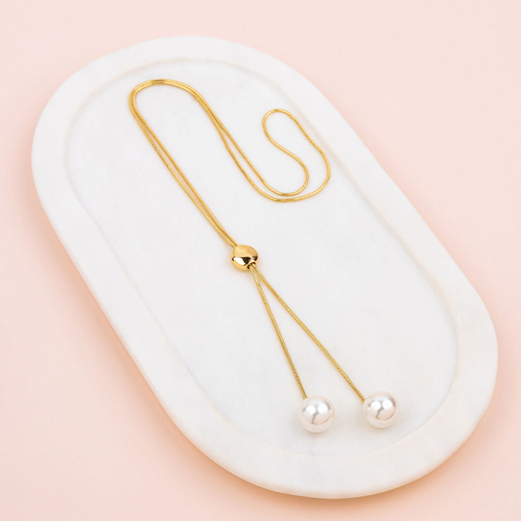 Yellow Gold Pearl Adjustable Drop Long Necklace