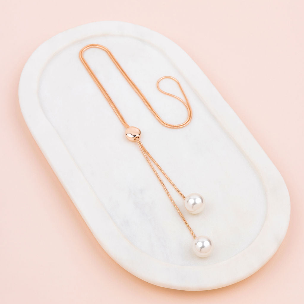 Rose Gold Pearl Adjustable Drop Long Necklace