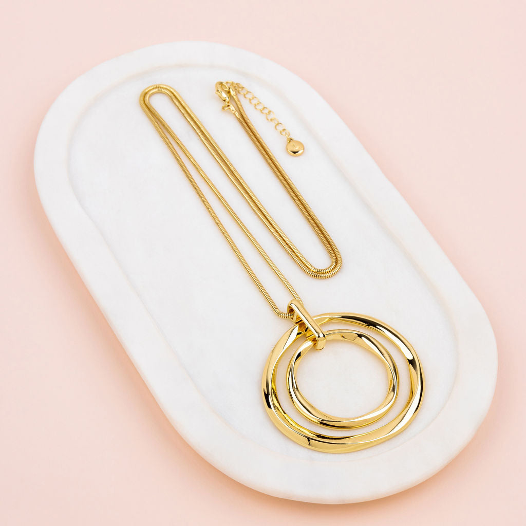 Yellow Gold Large Rings Pendant Long Necklace
