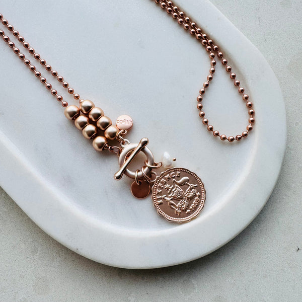 Matt Plated Rose Gold Coin & Pearl Long Necklace