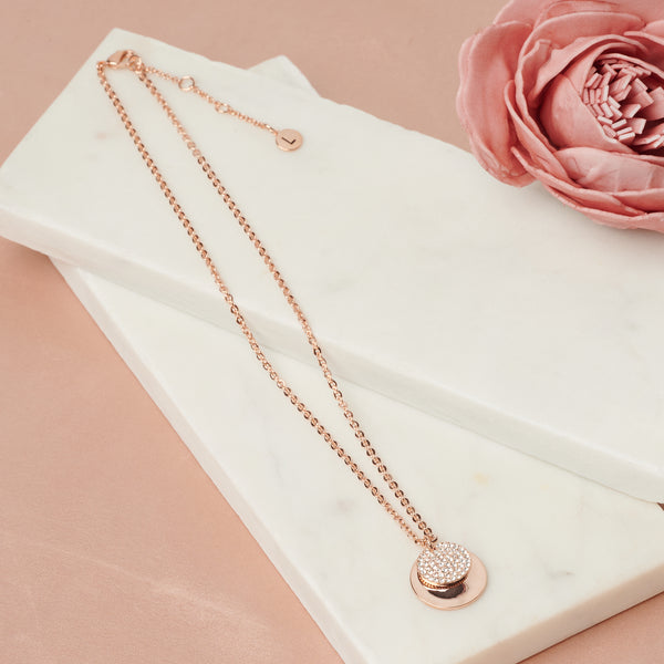 Fine | Boxed Rose Gold Crystal + Disc Necklace