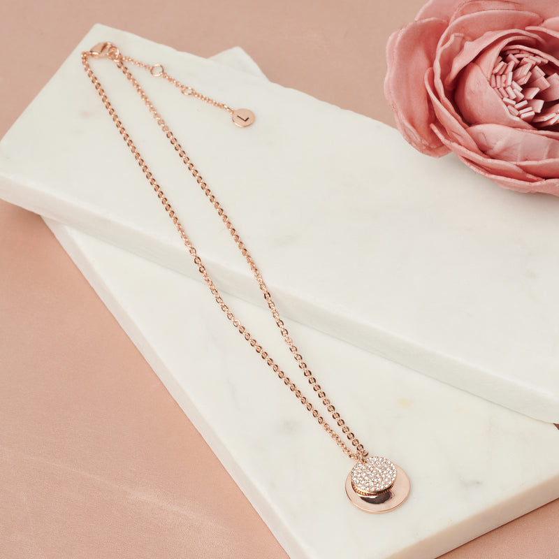 Fine | Boxed Rose Gold Crystal + Disc Necklace