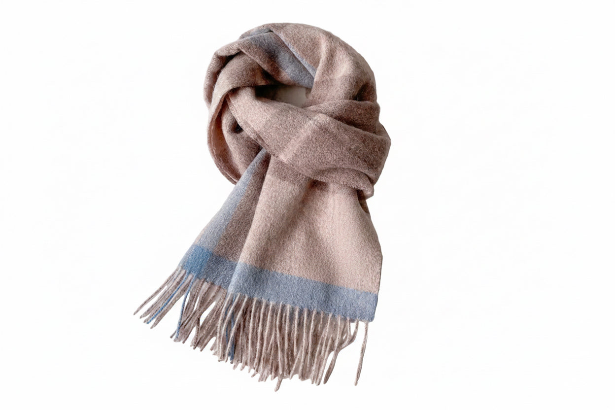 Ladies Winter Wool | Light Brown & Blue Check Scarf