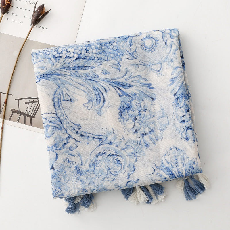 Ladies | Blue & White & Porcelain Print Scarf