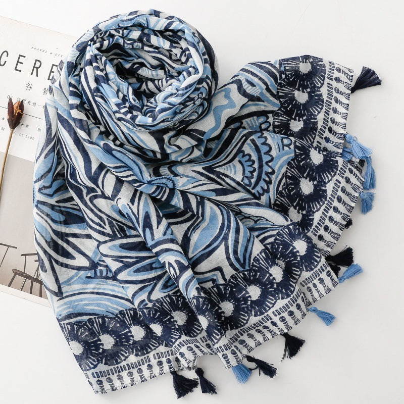 Ladies | Navy, Light Blue & White Boarder Scarf