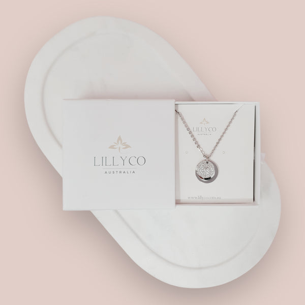 Fine | Boxed Silver Crystal + Disc Necklace