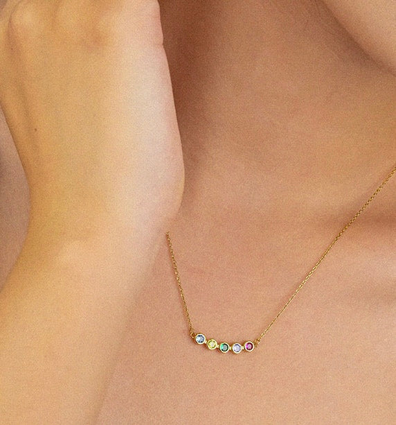 18K Plated | Round Bezel Rainbow Crystal Smile Bar Necklaces