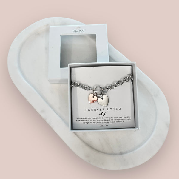 Forever Loved #2 Boxed 2 Heart Link Bracelet | Silver + Rose Gold