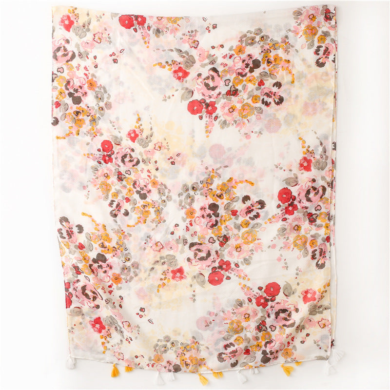 Ladies | Pink Flora w Tassel Scarf