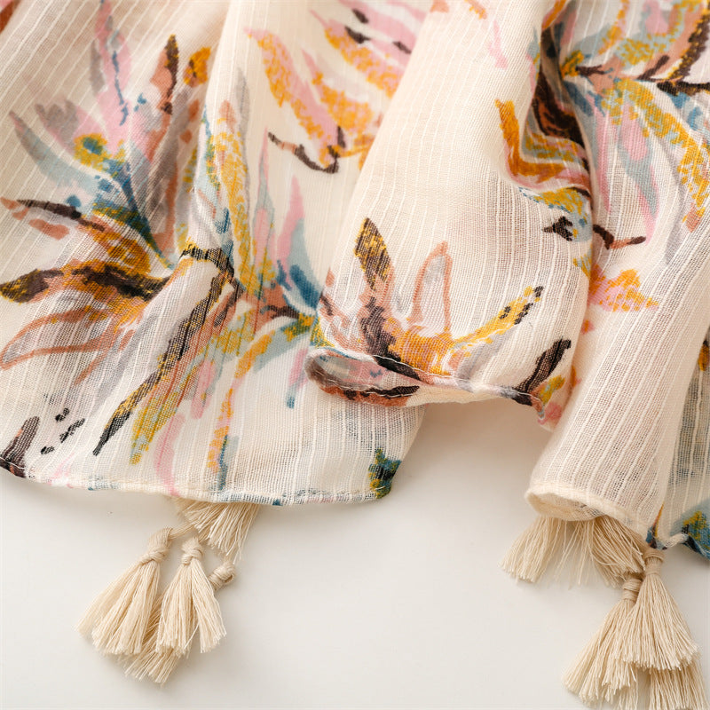 Ladies | Cream Scarf w Leaf Print