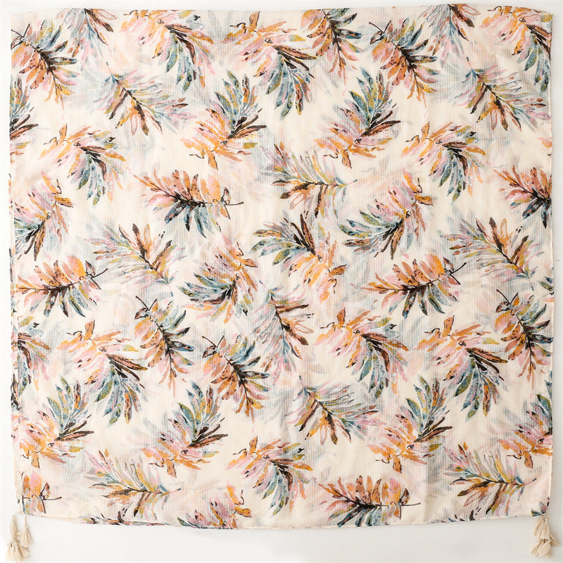 Ladies | Cream Scarf w Leaf Print