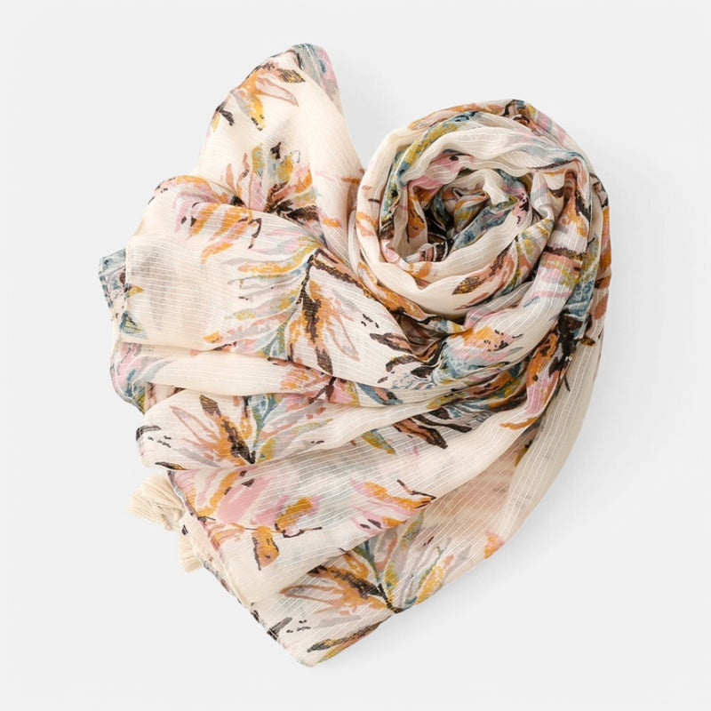 Ladies | Cream Scarf w Leaf Print