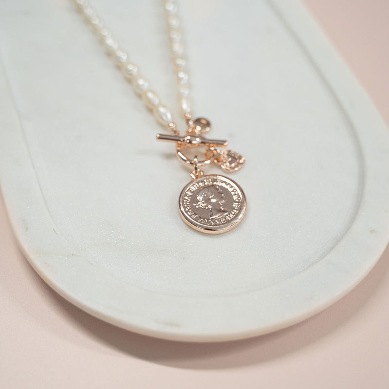 SHORT | Rose Gold Coin + Fresh Water Pearl Necklace