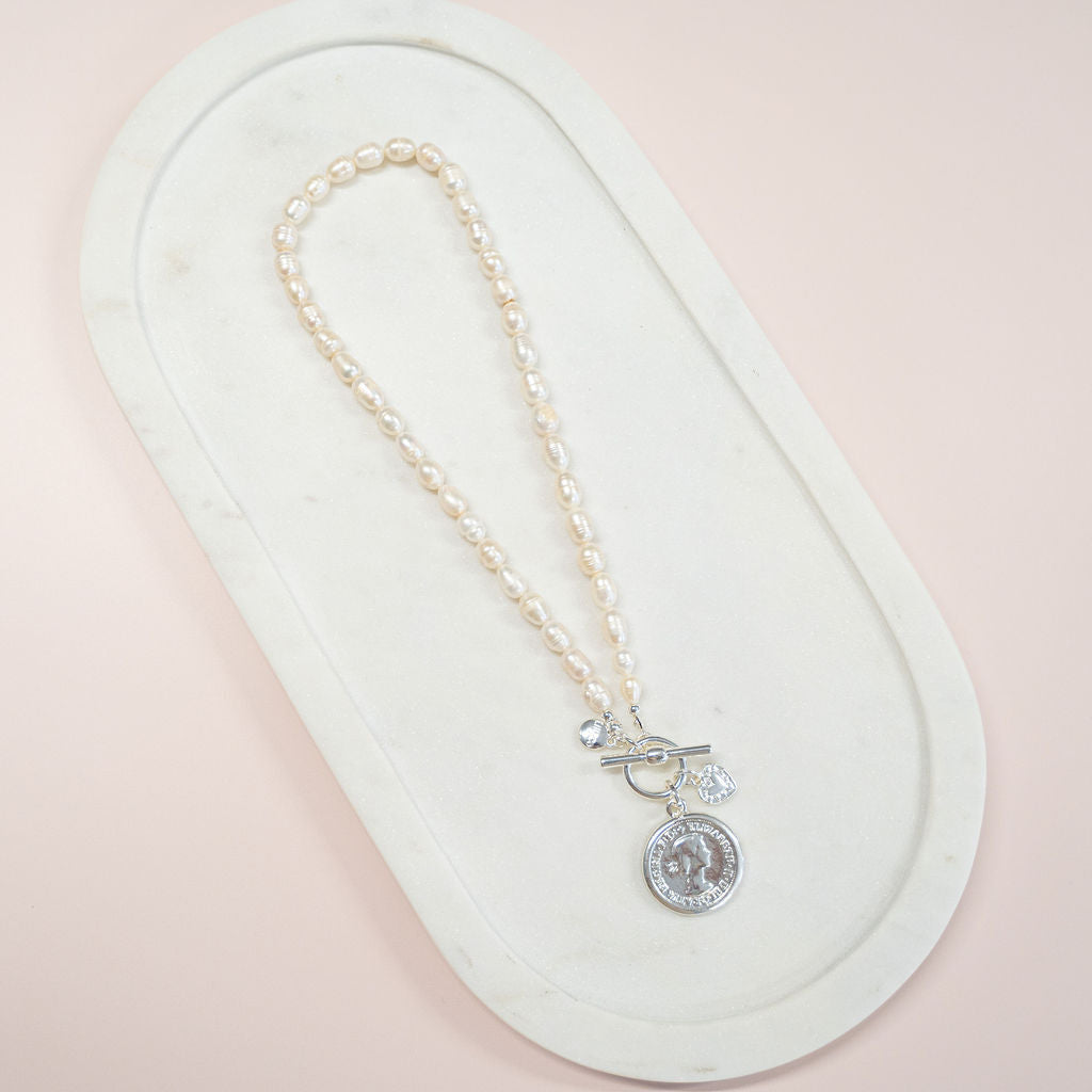 LIMITED EDITION | SHORT | Silver Coin + Fresh Water Pearl Necklace