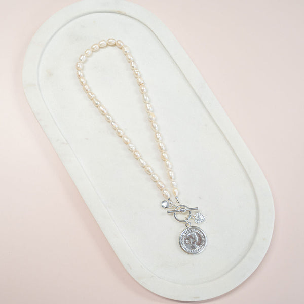 SHORT | Silver Coin + Fresh Water Pearl Necklace