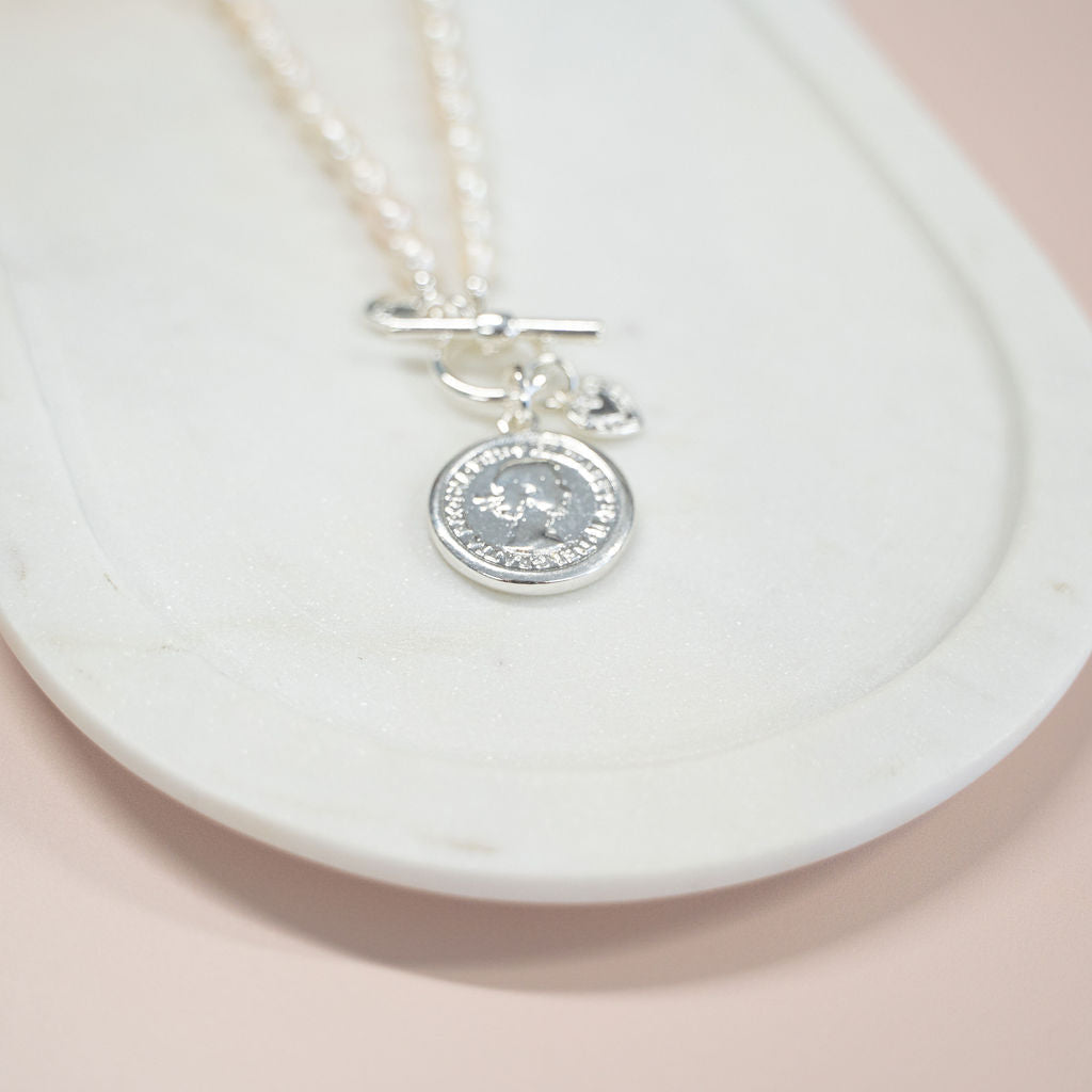 LIMITED EDITION | SHORT | Silver Coin + Fresh Water Pearl Necklace