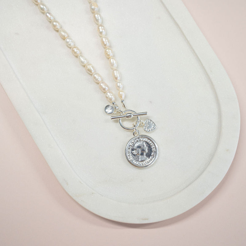 SHORT | Silver Coin + Fresh Water Pearl Necklace