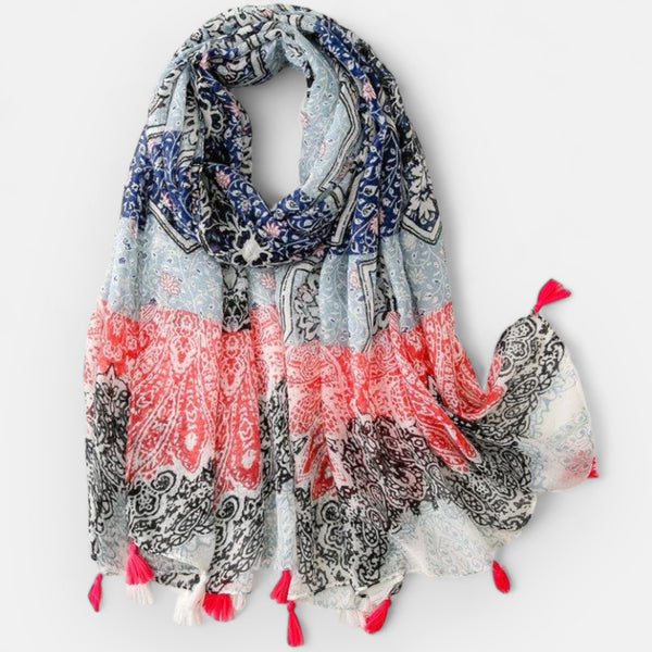 Red, Blue, White & Grey Print Tassel Scarf