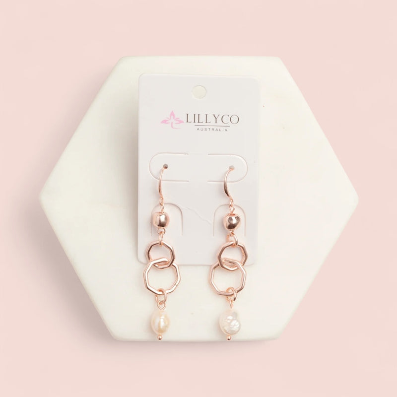 Rose Gold Double Ring Pearl Earring