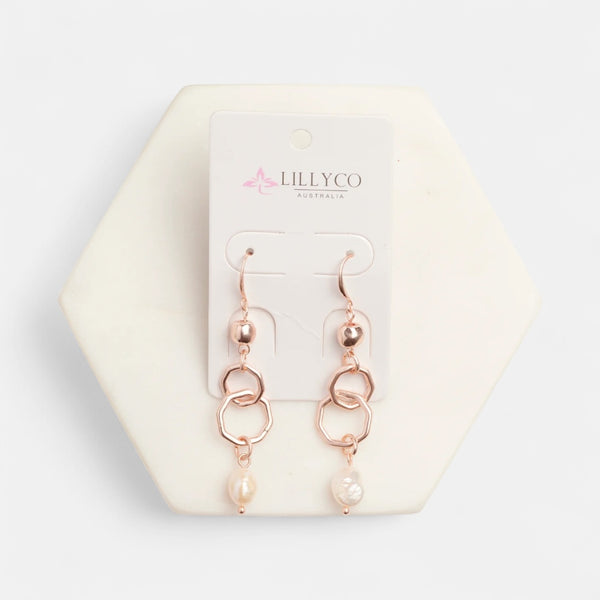 Rose Gold Double Ring Pearl Earring