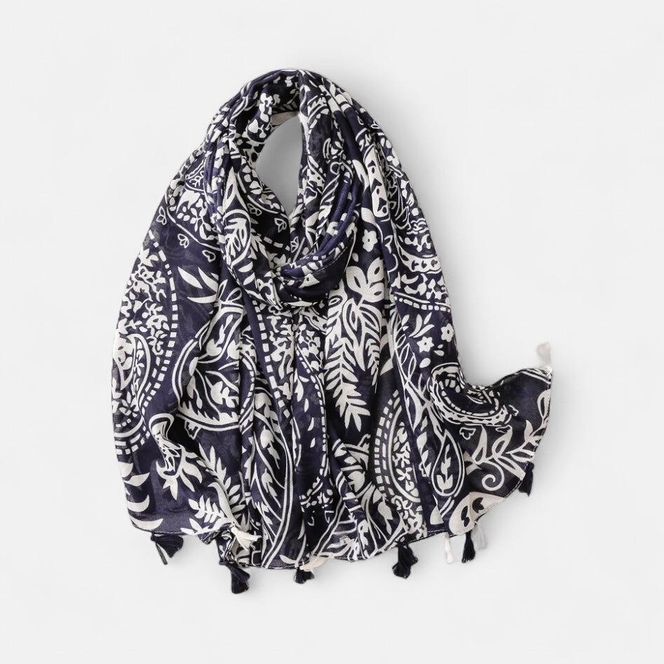 Ladies Navy & White Pattern Tassel Scarf