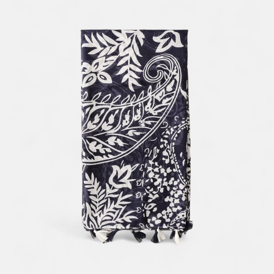 Ladies Navy & White Pattern Tassel Scarf