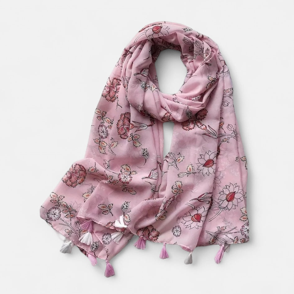 Pink Chiffon Print Tassel Scarf