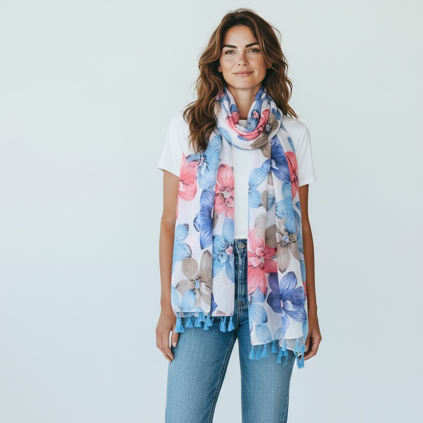 Ladies | Blue & Pink Large Flower Scarf