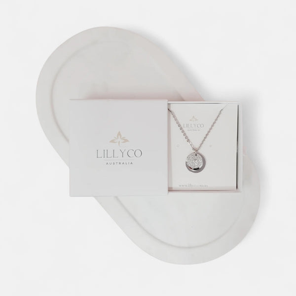 Fine | Boxed Silver Crystal + Disc Necklace