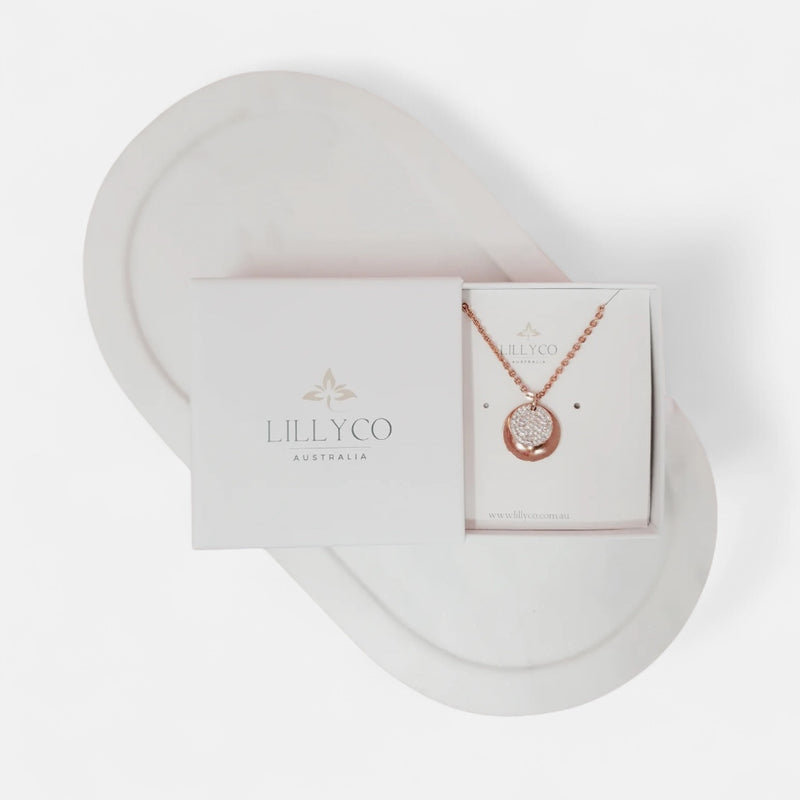 Fine | Boxed Rose Gold Crystal + Disc Necklace