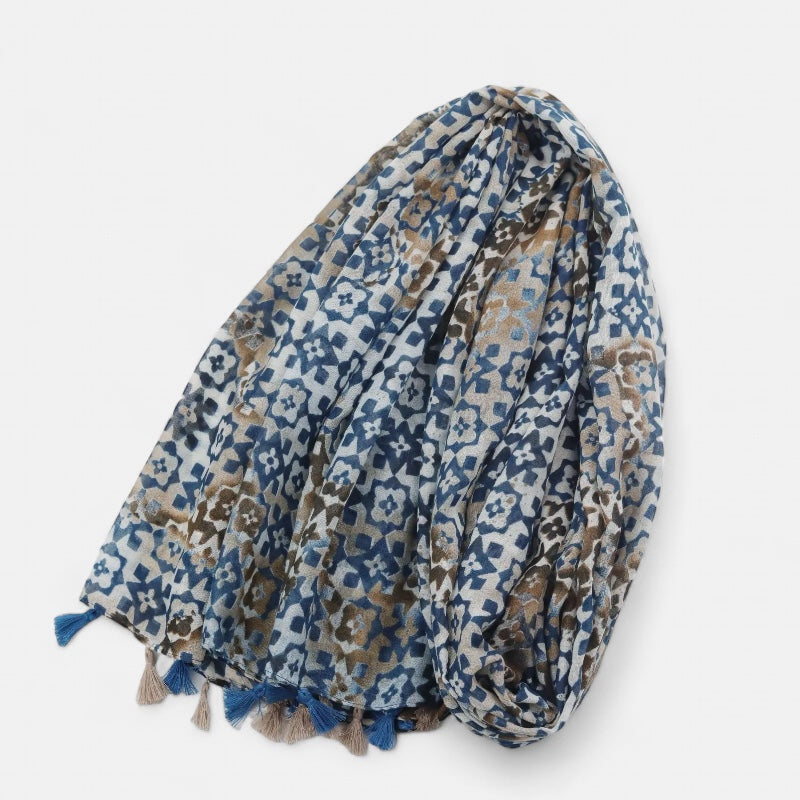 Blue & Brown Mottled Printed Scarf