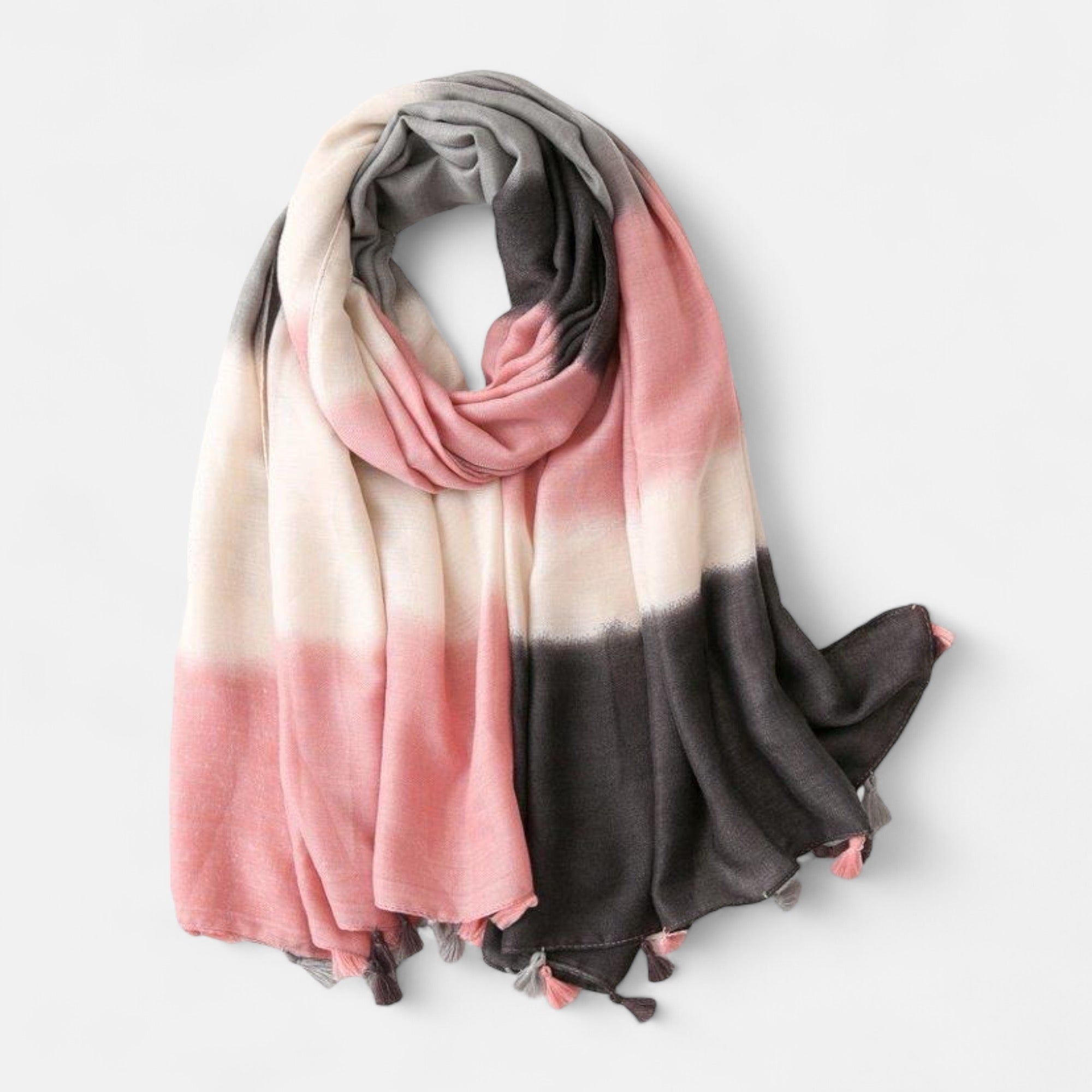 Pink, Grey & White Stripe Tassel Scarf