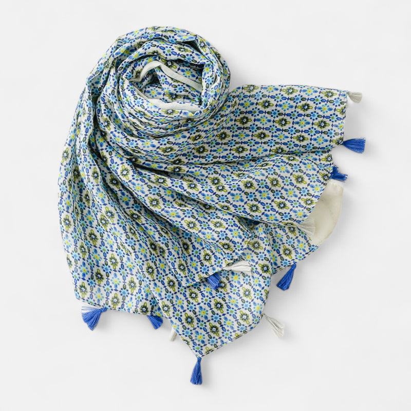 Blue & White Tassel Scarf