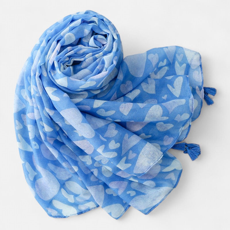 Ladies | Blue & White Love Heart Printed Scarf