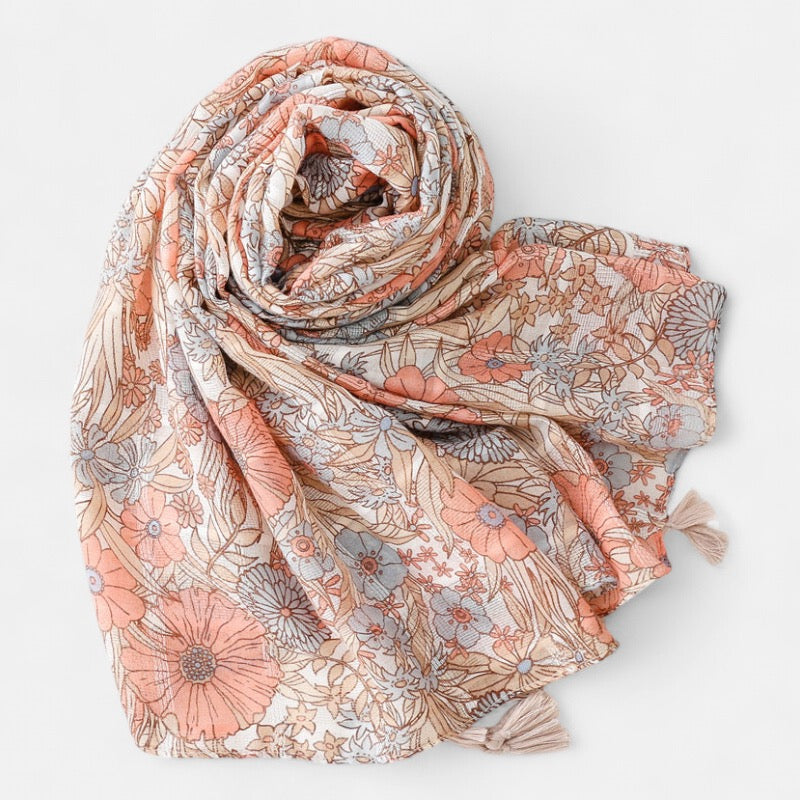 Ladies Blue & Peach Floral Printed Scarf