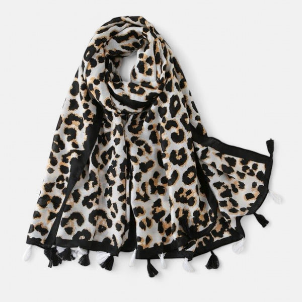 Cream Animal Print Tassel Scarf