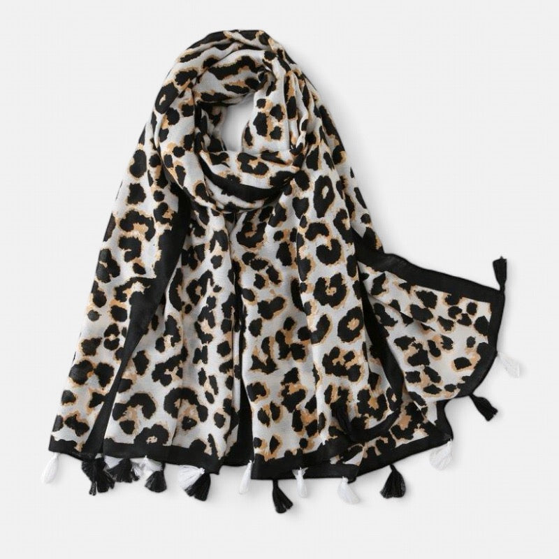 Cream Animal Print Tassel Scarf
