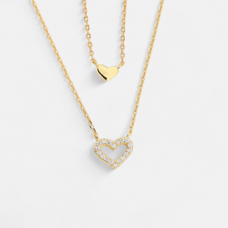 18K Plated | Double Stacked Pave CZ Heart Necklace